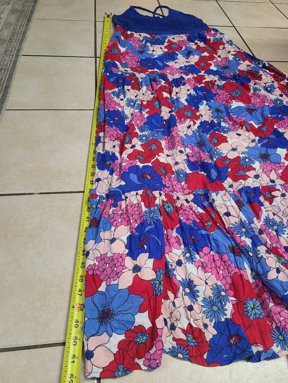 Tori Richard Bohemian Floral Maxi Dress with Royal Blue Crochet Bodice - Picture 11 of 12